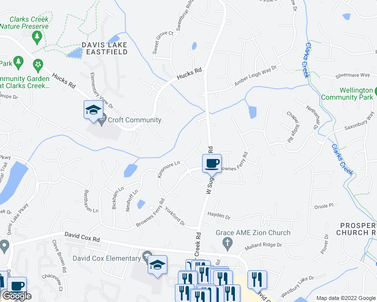 map of restaurants, bars, coffee shops, grocery stores, and more near 3912 Melshire Lane in Charlotte