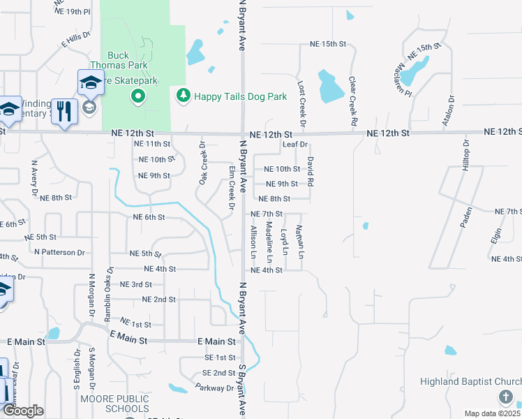 map of restaurants, bars, coffee shops, grocery stores, and more near 2117 Northeast 7th Street in Moore