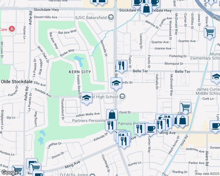 map of restaurants, bars, coffee shops, grocery stores, and more near 1100 Bermuda Street in Bakersfield