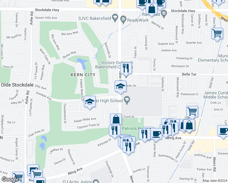 map of restaurants, bars, coffee shops, grocery stores, and more near 1100 Bermuda Street in Bakersfield