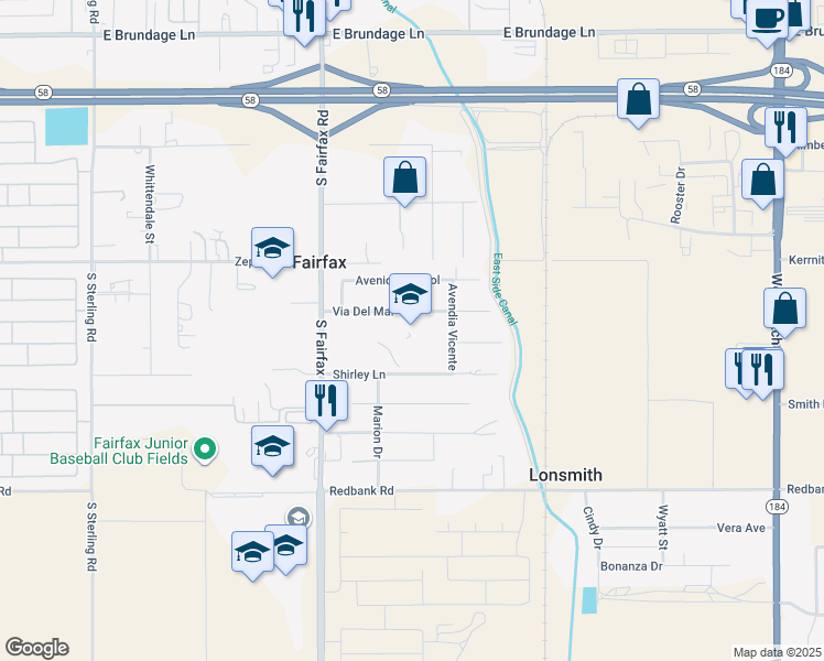 map of restaurants, bars, coffee shops, grocery stores, and more near 6714 Shirley Lane in Bakersfield