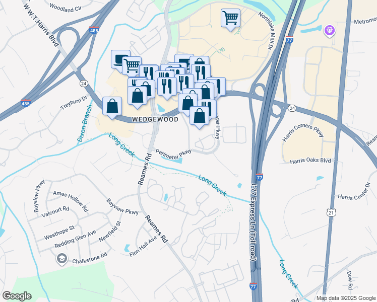 map of restaurants, bars, coffee shops, grocery stores, and more near 10110 Perimeter Parkway in Charlotte