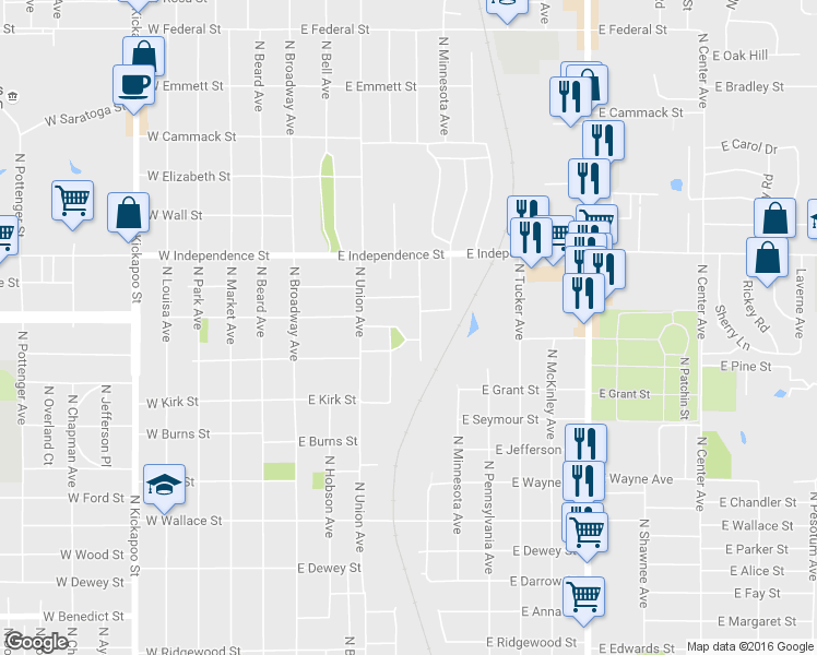 map of restaurants, bars, coffee shops, grocery stores, and more near 15 East Park Drive in Shawnee
