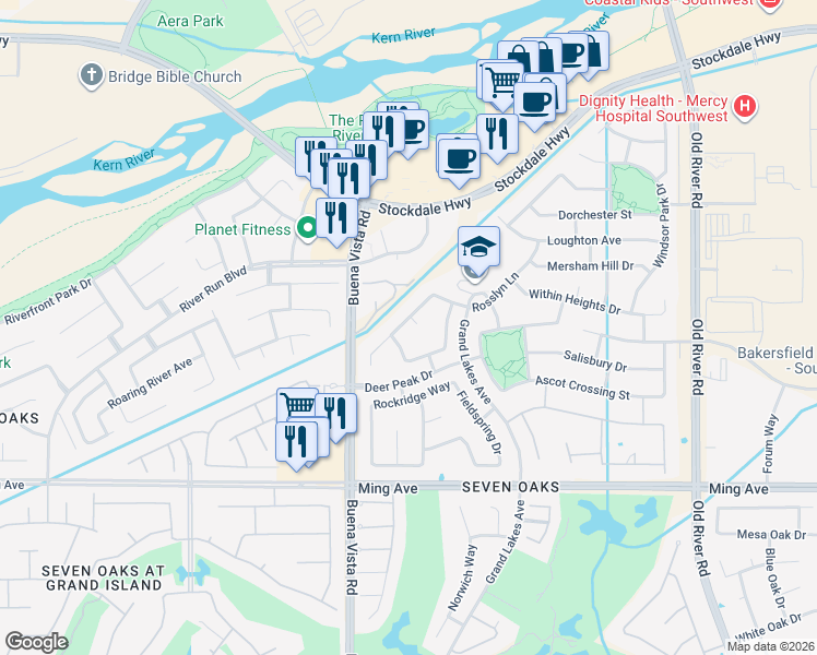 map of restaurants, bars, coffee shops, grocery stores, and more near 1103 Carpenter Court in Bakersfield