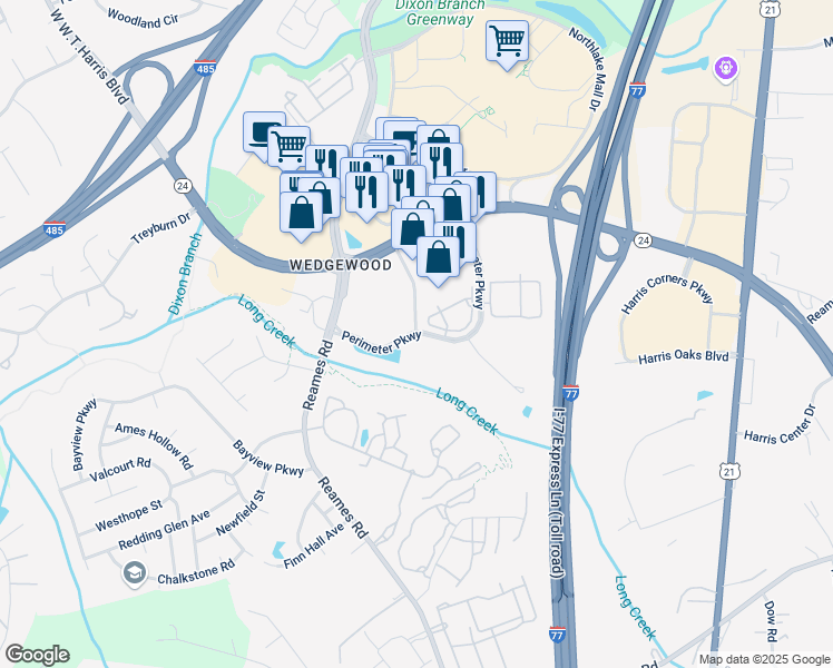 map of restaurants, bars, coffee shops, grocery stores, and more near 10128 Perimeter Parkway in Charlotte
