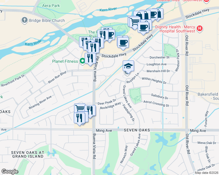 map of restaurants, bars, coffee shops, grocery stores, and more near 1103 Carpenter Court in Bakersfield
