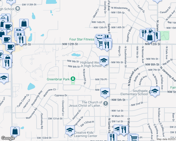 map of restaurants, bars, coffee shops, grocery stores, and more near 845 North Robinson Avenue in Moore