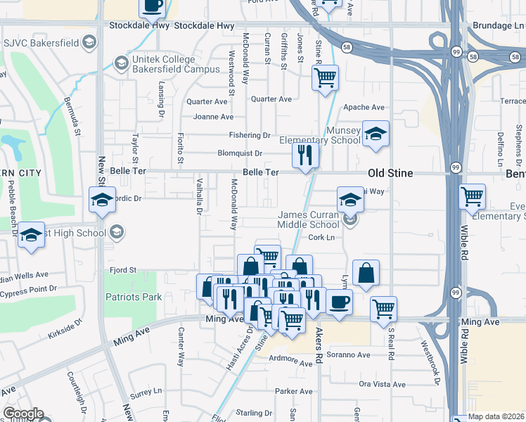 map of restaurants, bars, coffee shops, grocery stores, and more near 4324 Parkwood Court in Bakersfield