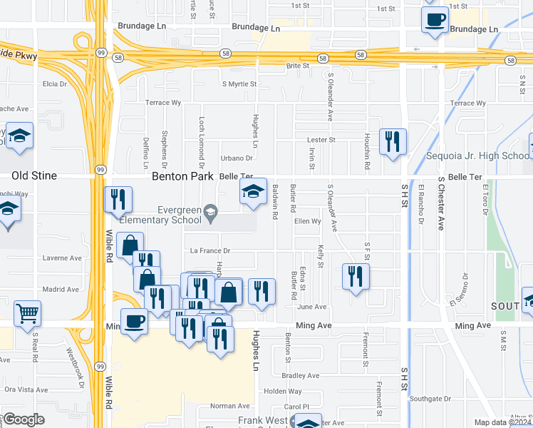 map of restaurants, bars, coffee shops, grocery stores, and more near 1005 Baldwin Road in Bakersfield