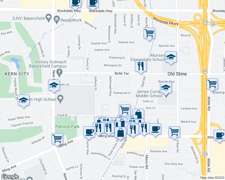 map of restaurants, bars, coffee shops, grocery stores, and more near 4409 Parkwood Court in Bakersfield