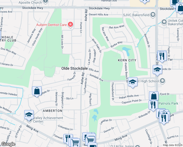 map of restaurants, bars, coffee shops, grocery stores, and more near 6405 Sundale Avenue in Bakersfield