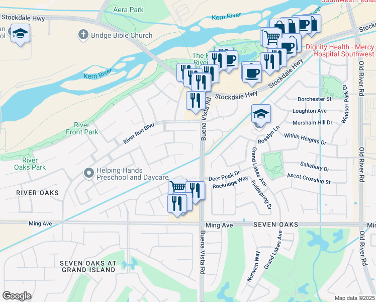 map of restaurants, bars, coffee shops, grocery stores, and more near 1118 Delta River Court in Bakersfield