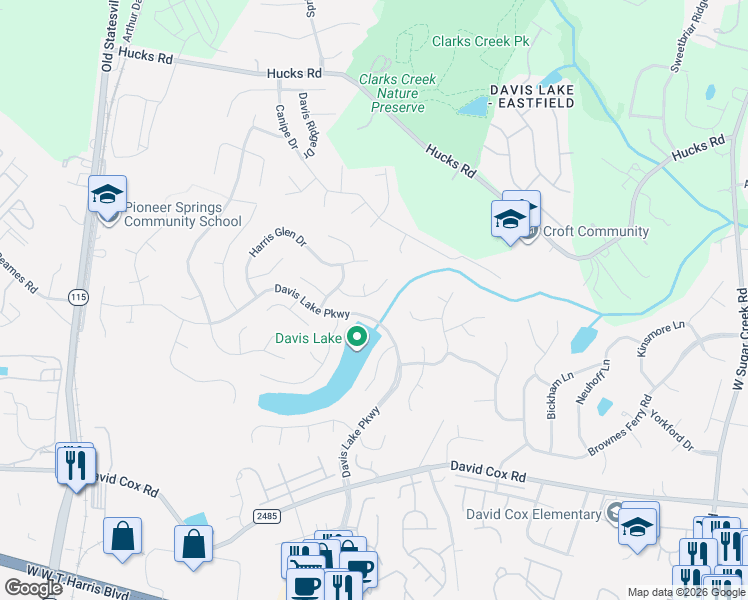 map of restaurants, bars, coffee shops, grocery stores, and more near 9227 Pebble Creek Way in Charlotte