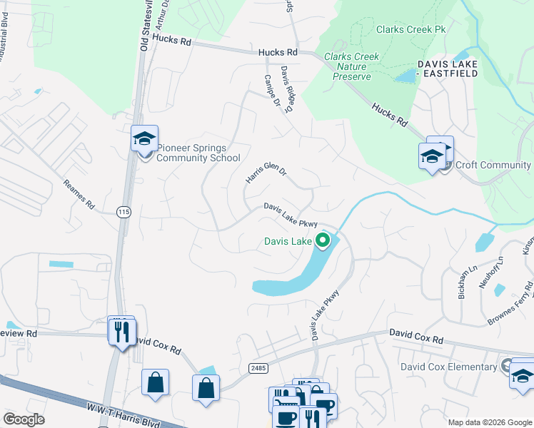 map of restaurants, bars, coffee shops, grocery stores, and more near 9525 Arborview Court in Charlotte