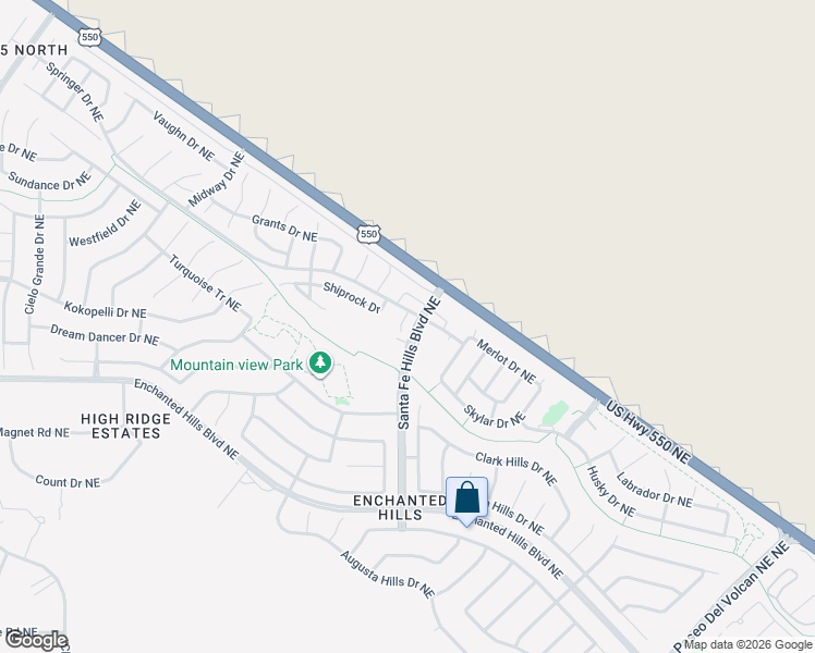 map of restaurants, bars, coffee shops, grocery stores, and more near 5105 Santa Fe Hills Boulevard Northeast in Rio Rancho