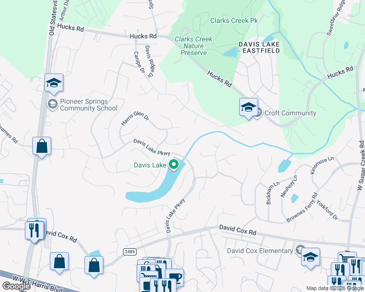 map of restaurants, bars, coffee shops, grocery stores, and more near 9227 Pebble Creek Way in Charlotte