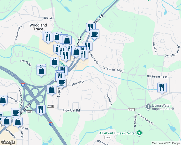 map of restaurants, bars, coffee shops, grocery stores, and more near 24 Nuthatch Road in Hendersonville