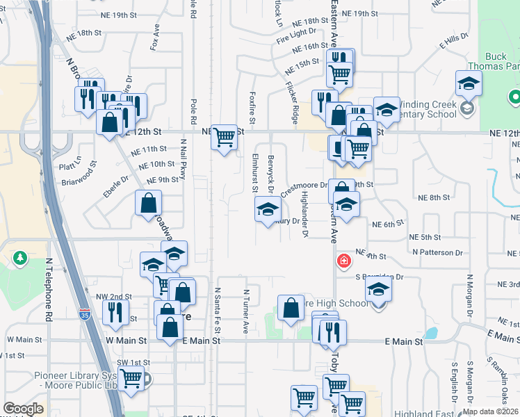 map of restaurants, bars, coffee shops, grocery stores, and more near 917 Crestmoor Drive in Moore