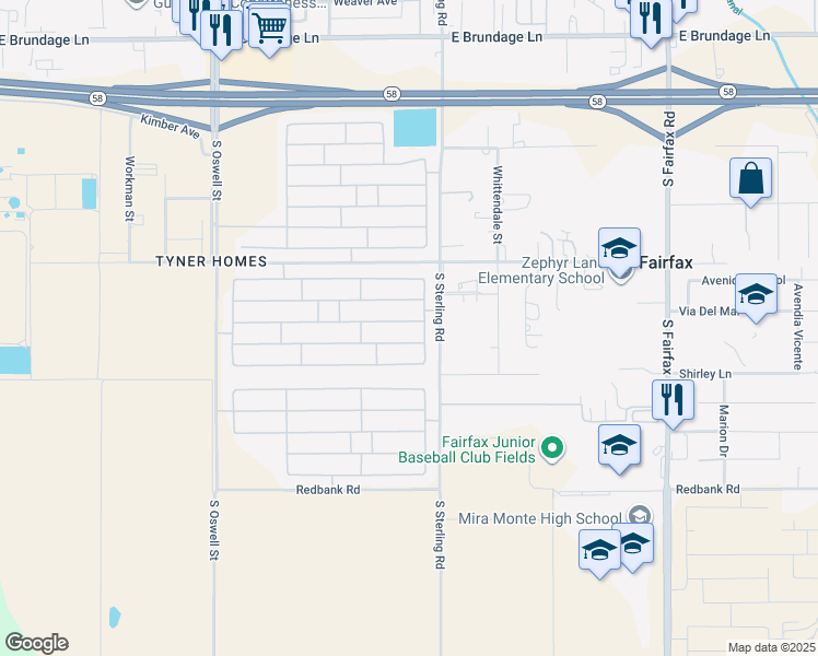 map of restaurants, bars, coffee shops, grocery stores, and more near 5519 Casa Bonita Drive in Bakersfield