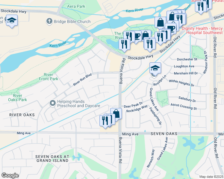 map of restaurants, bars, coffee shops, grocery stores, and more near 1118 Delta River Court in Bakersfield
