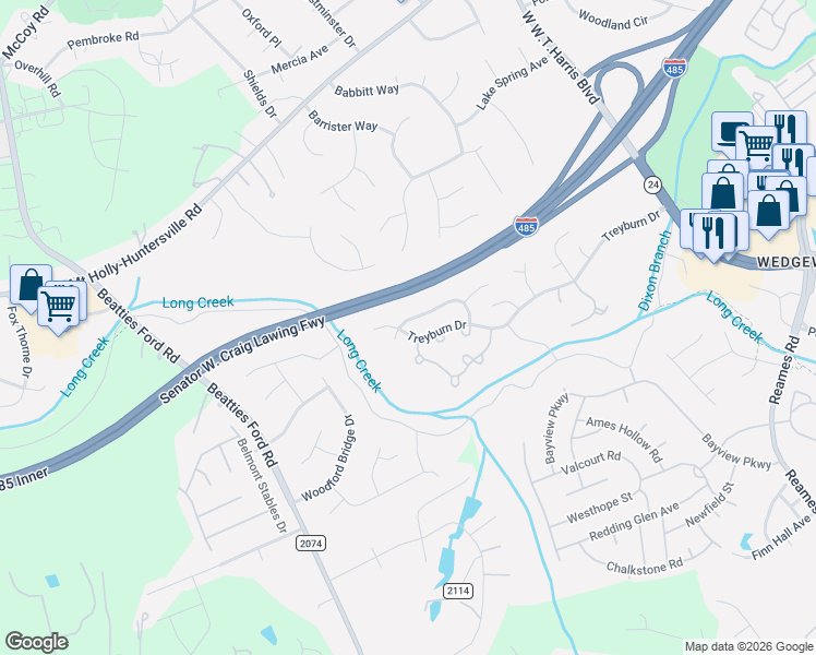 map of restaurants, bars, coffee shops, grocery stores, and more near 9069 Cinnabay Drive in Charlotte