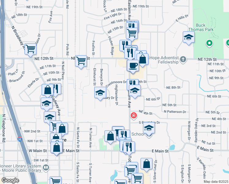 map of restaurants, bars, coffee shops, grocery stores, and more near 605 Century Drive in Moore