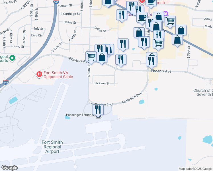 map of restaurants, bars, coffee shops, grocery stores, and more near 6814 Jackson Street in Fort Smith
