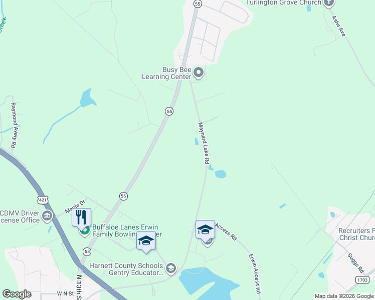 map of restaurants, bars, coffee shops, grocery stores, and more near 612 Maynard Lake Road in Erwin