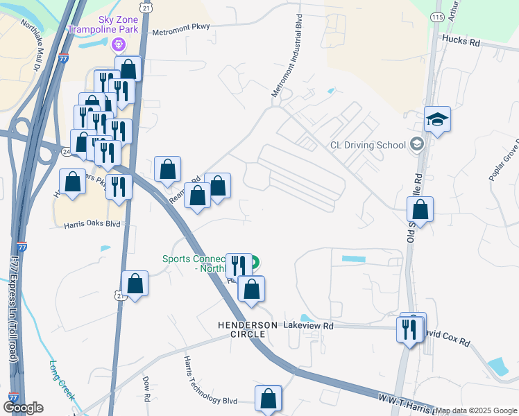 map of restaurants, bars, coffee shops, grocery stores, and more near 6431 Hendry Road in Charlotte