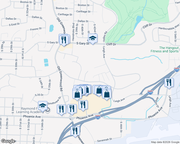 map of restaurants, bars, coffee shops, grocery stores, and more near 4005 Seminole Circle in Fort Smith