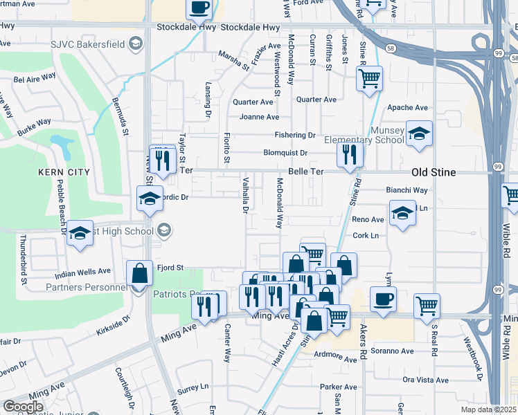 map of restaurants, bars, coffee shops, grocery stores, and more near 1020 Valhalla Drive in Bakersfield