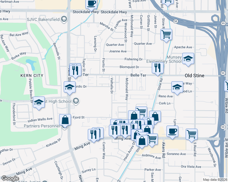 map of restaurants, bars, coffee shops, grocery stores, and more near 1020 Valhalla Drive in Bakersfield