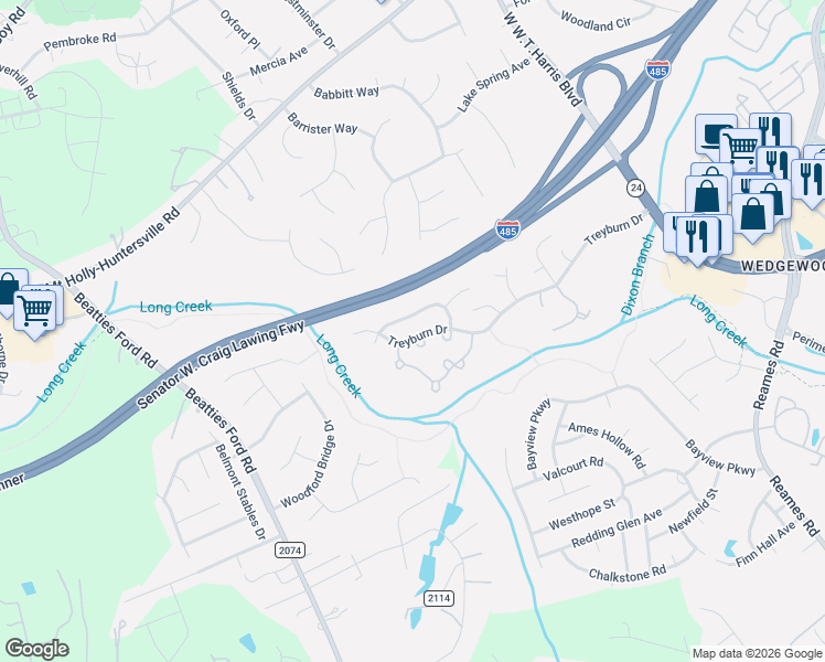map of restaurants, bars, coffee shops, grocery stores, and more near 9069 Cinnabay Drive in Charlotte