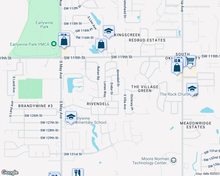 map of restaurants, bars, coffee shops, grocery stores, and more near 12224 Lorien Way in Oklahoma City
