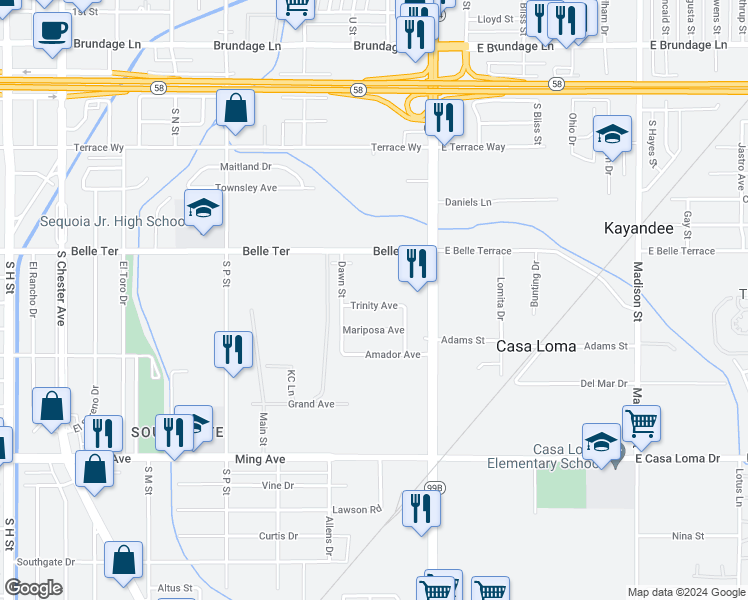 map of restaurants, bars, coffee shops, grocery stores, and more near 300 Trinity Avenue in Bakersfield