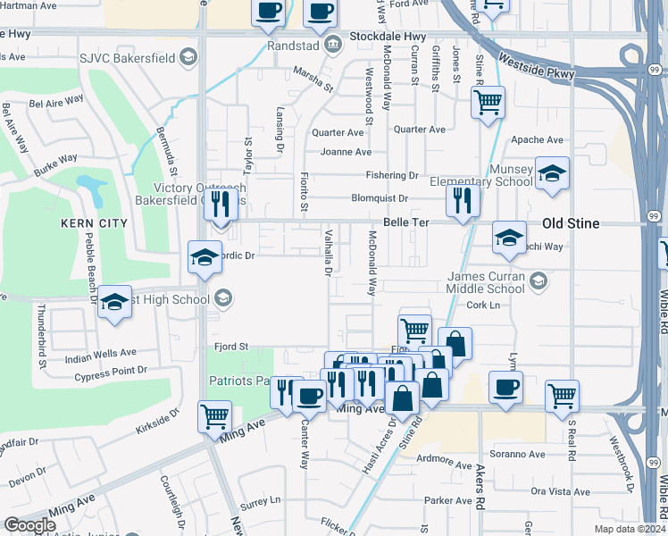 map of restaurants, bars, coffee shops, grocery stores, and more near 1020 Valhalla Drive in Bakersfield