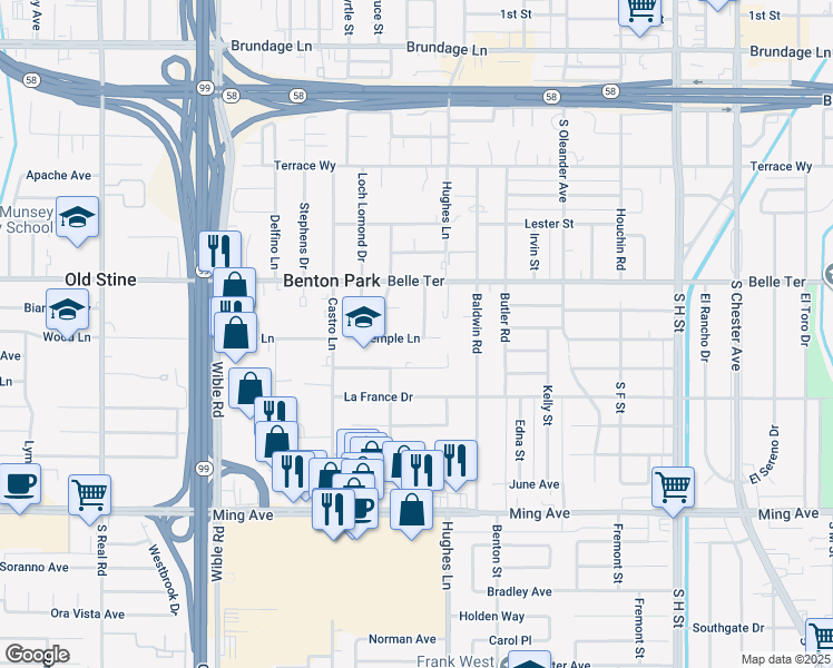 map of restaurants, bars, coffee shops, grocery stores, and more near 1033 Chapel Drive in Bakersfield