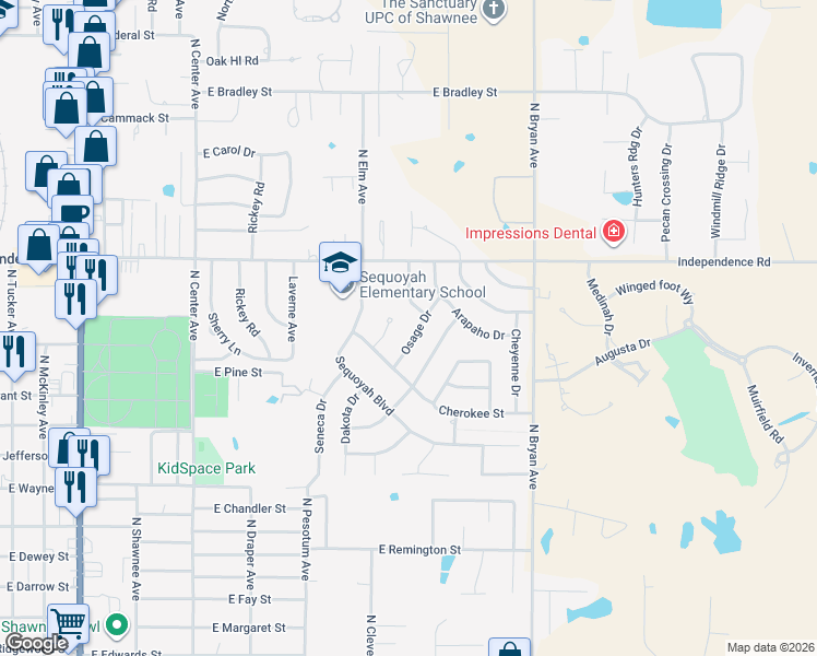 map of restaurants, bars, coffee shops, grocery stores, and more near 15 Mojave Drive in Shawnee