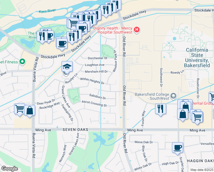map of restaurants, bars, coffee shops, grocery stores, and more near 10225 Within Heights Drive in Bakersfield