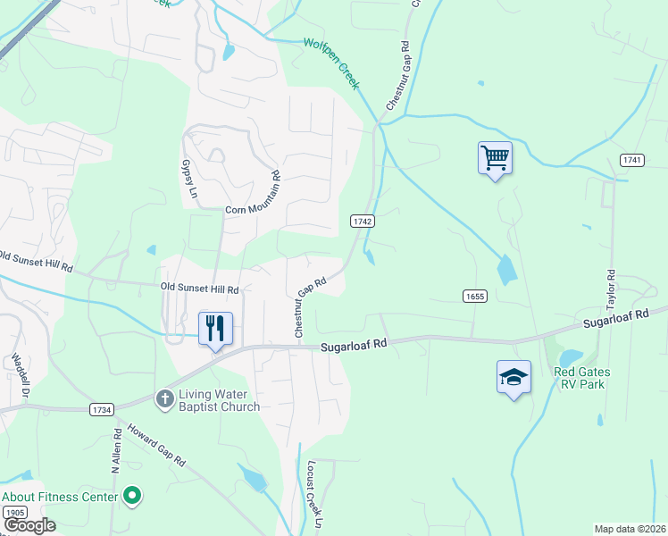 map of restaurants, bars, coffee shops, grocery stores, and more near 1543 Chestnut Gap Road in Hendersonville