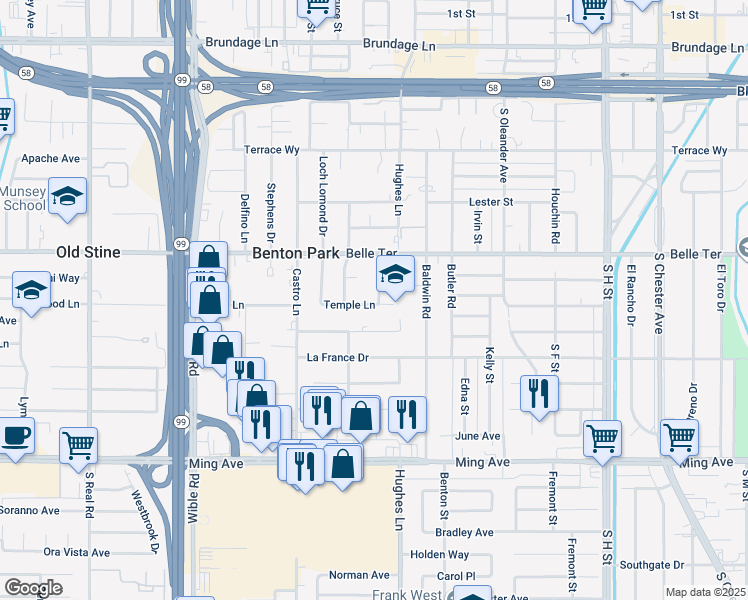 map of restaurants, bars, coffee shops, grocery stores, and more near 1033 Chapel Drive in Bakersfield