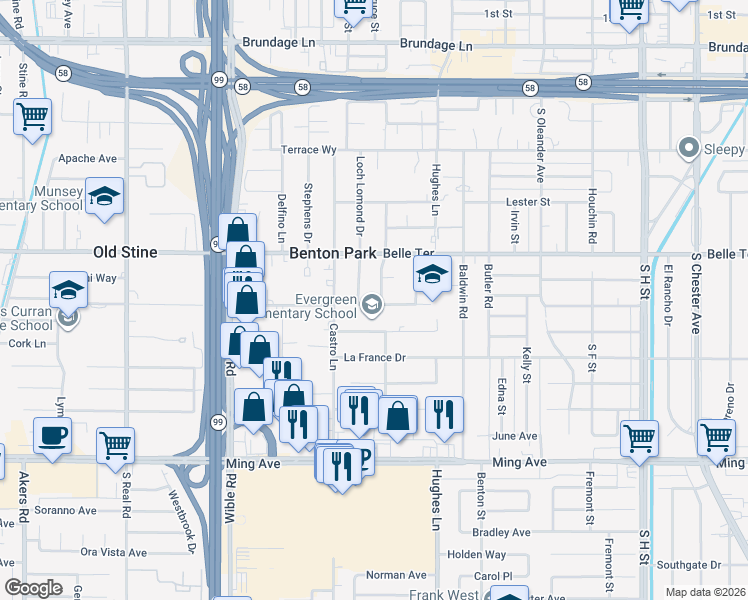 map of restaurants, bars, coffee shops, grocery stores, and more near 1017 Paloma Street in Bakersfield