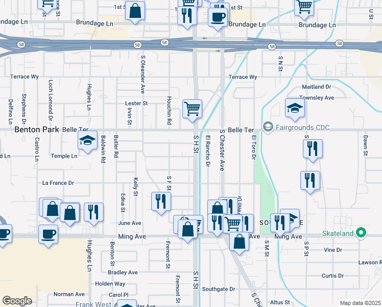 map of restaurants, bars, coffee shops, grocery stores, and more near 1721 Cecil Brunner Drive in Bakersfield