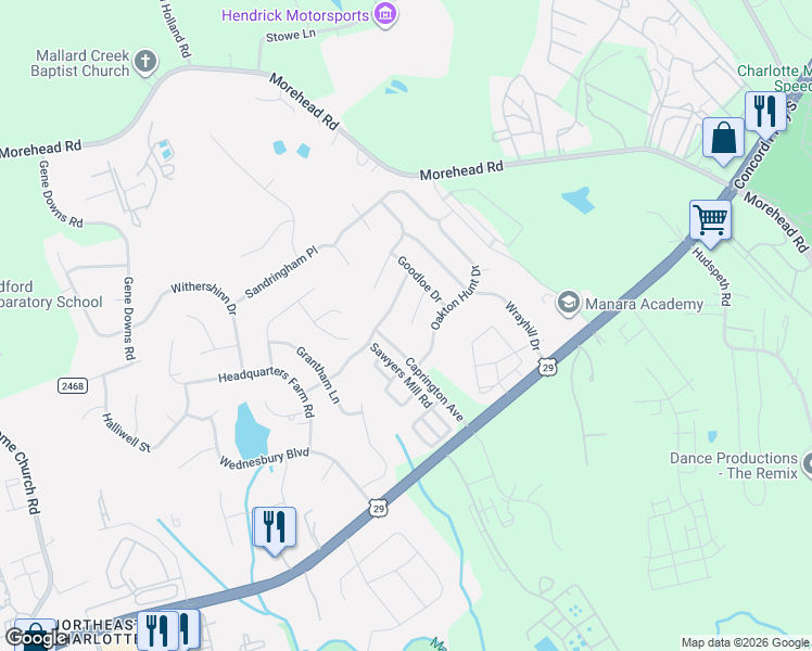 map of restaurants, bars, coffee shops, grocery stores, and more near 12419 Oakton Hunt Drive in Charlotte