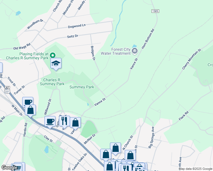 map of restaurants, bars, coffee shops, grocery stores, and more near 139 Trailwood Drive in Forest City