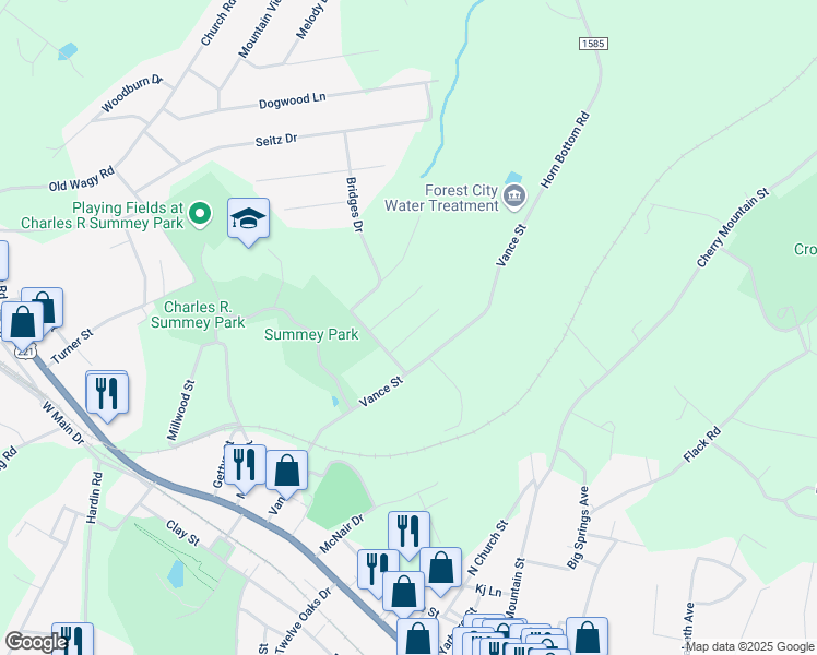 map of restaurants, bars, coffee shops, grocery stores, and more near 139 Trailwood Drive in Forest City