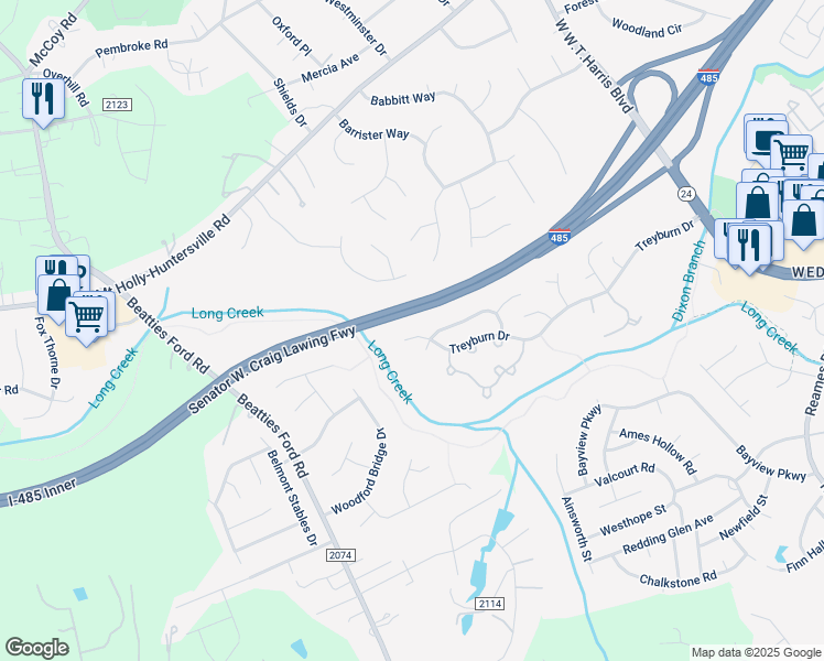 map of restaurants, bars, coffee shops, grocery stores, and more near 8623 Treyburn Drive in Charlotte