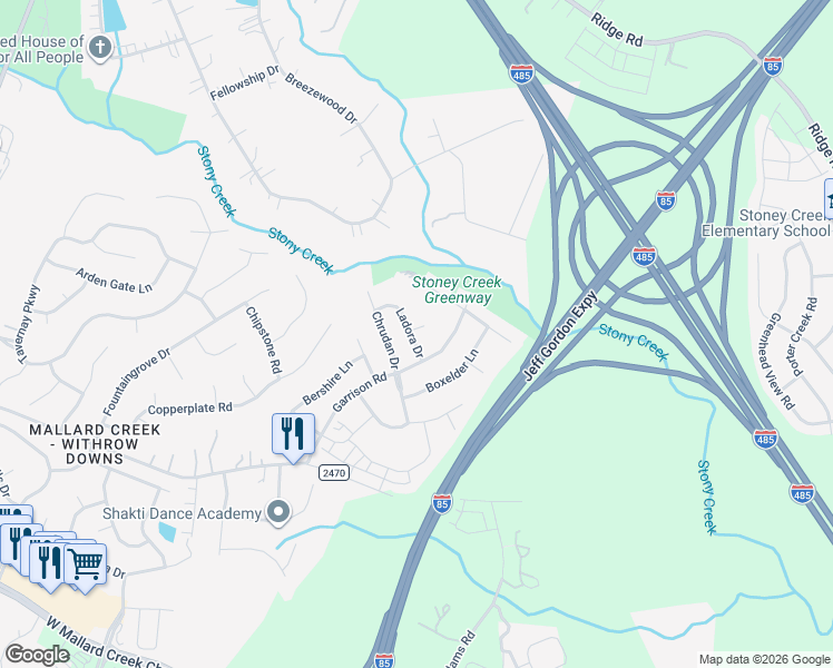 map of restaurants, bars, coffee shops, grocery stores, and more near 1403 Ladora Drive in Charlotte