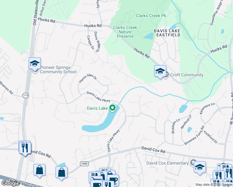 map of restaurants, bars, coffee shops, grocery stores, and more near 9227 Pebble Creek Way in Charlotte