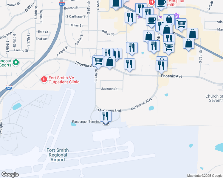 map of restaurants, bars, coffee shops, grocery stores, and more near 6814 Jackson Street in Fort Smith